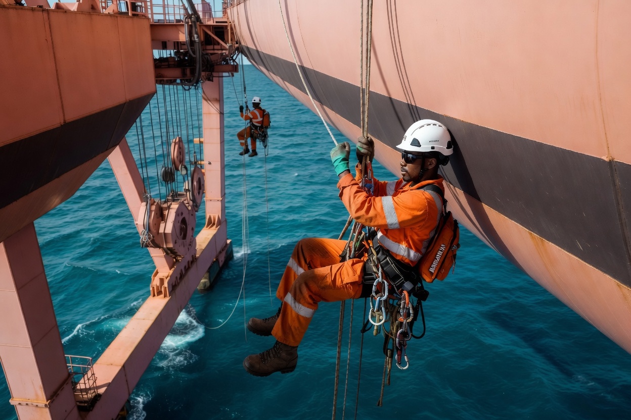 Technician on rope, quay crane